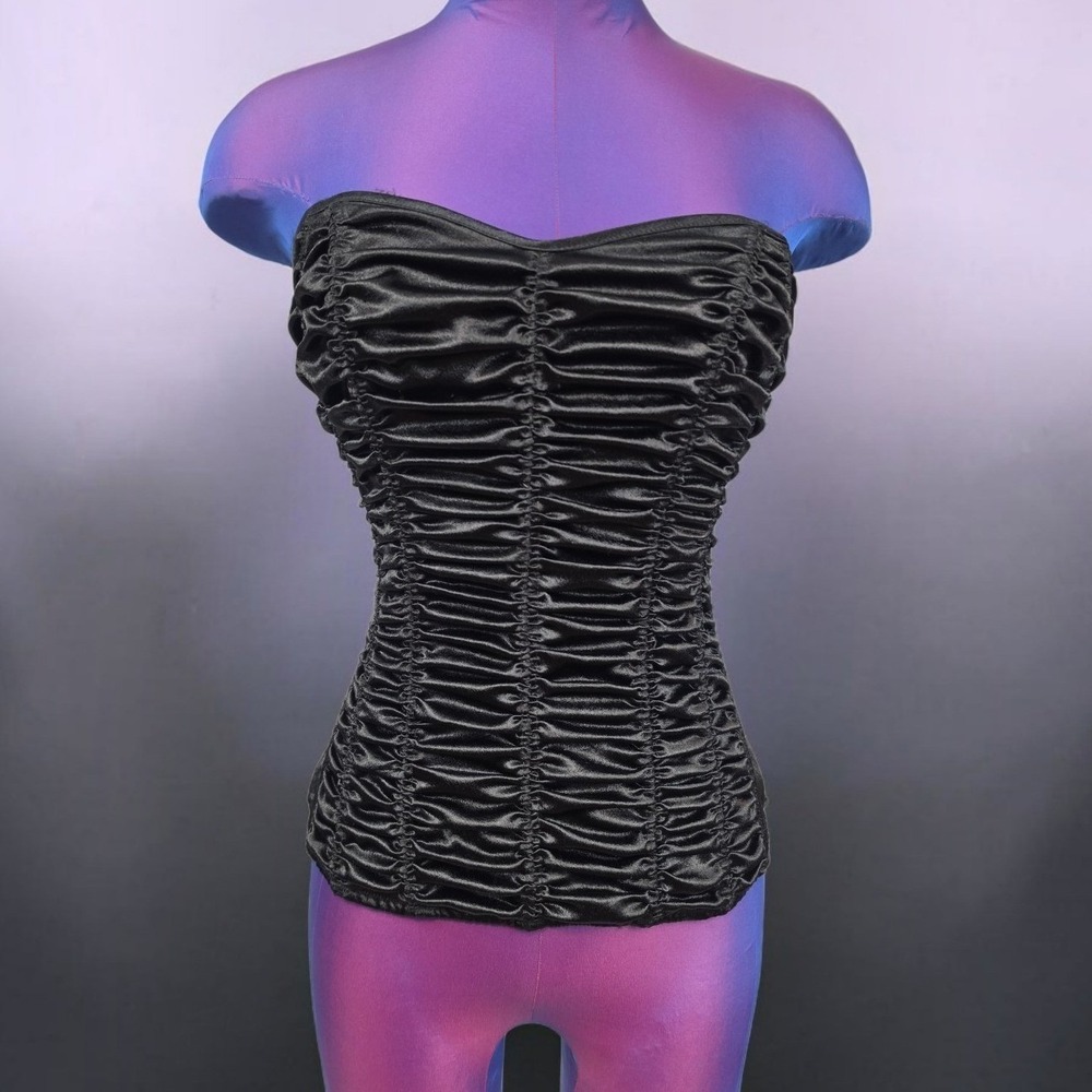 Shirley of Hollywood Black Satin Ruched Corset Sweetheart Lace Up Back Size 36